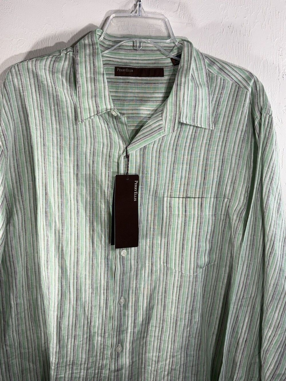 Perry Ellis 100% Linen ‘Light Grass’ Green White Black stripe Mens Size XL Shirt